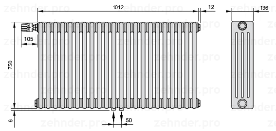 Схема (чертеж) Радиатор Zehnder Charleston 4075/22 №V007 Белый глянцевый RAL 9016